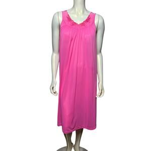 Vintage Shadowline Hot Pink Nightgown Floral Embroidered Nylon Sleepwear Medium
